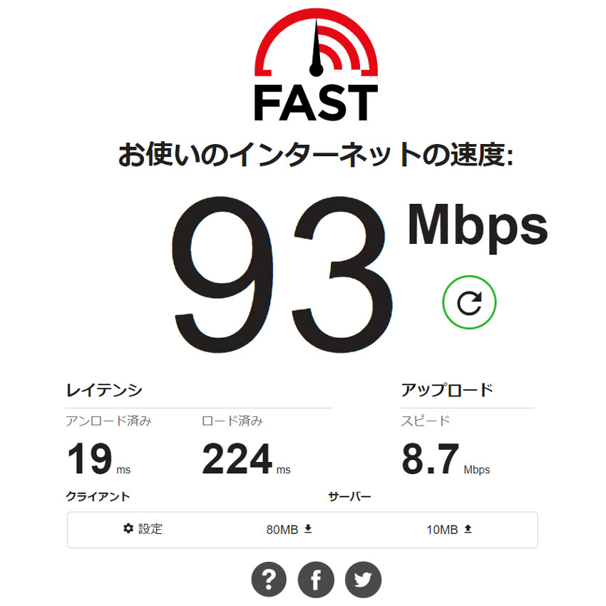 ＜中継器無しの場合＞インターネット回線の通信スピード計測サイト「Fast.com」の計測結果